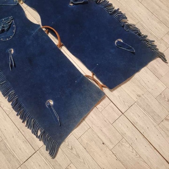 Kids Vintage 90's Western Blue Leather Fringe Concho Rodeo Cowboy Chaps Size 4T - Picture 3 of 6